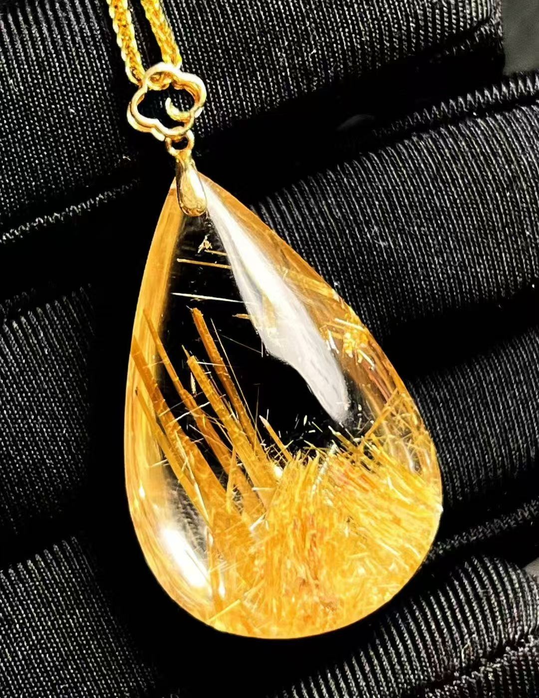 35*22*13mm Natural Gold Rutilated Quartz Titanium Crystal 18k gold Inlay Pendant
