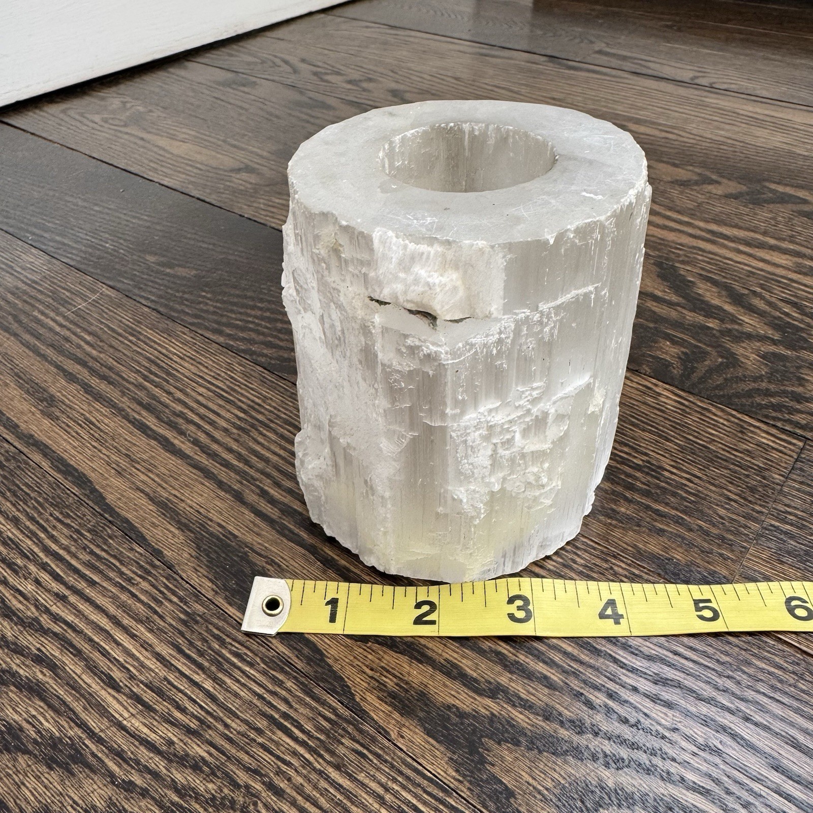 Selenite Candle Holder Natural Crystal Raw Stone Round 4 Inch Diameter & Height