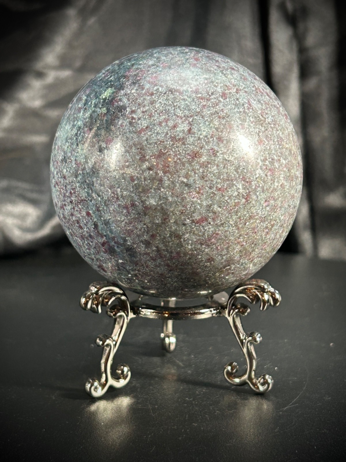 2.57″ Ruby Kyanite Sphere With Metal Stand 1lb 2.7oz (531 grams) UV Reactive