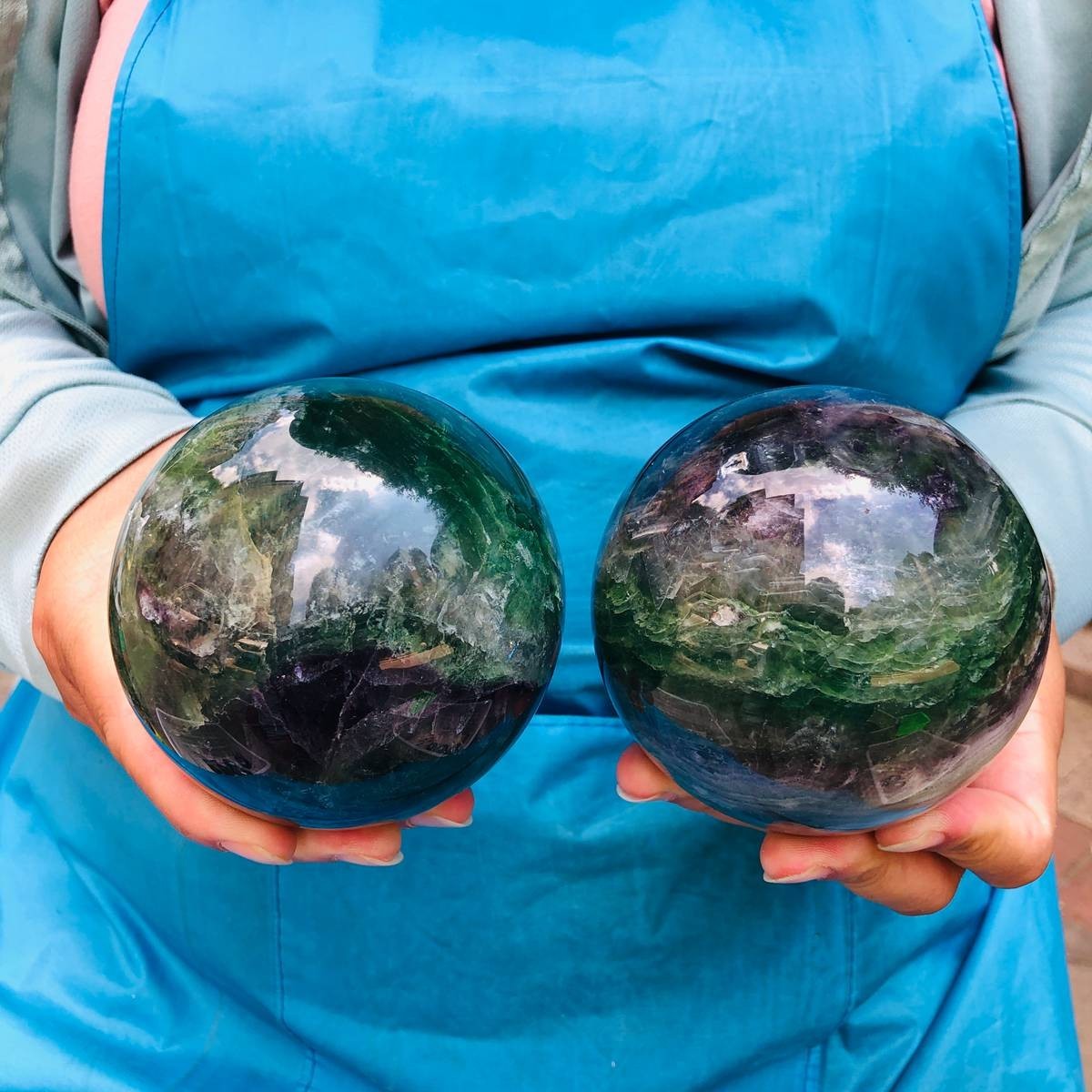 4.92LB Natural Crystal Colorful Fluorite Sphere Reiki Healing 1.14kg+1.1kg