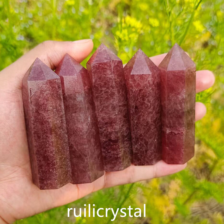 1pc Natural Strawberry quartz Obelisk Quartz Crystal Wand Pointy Reiki healing