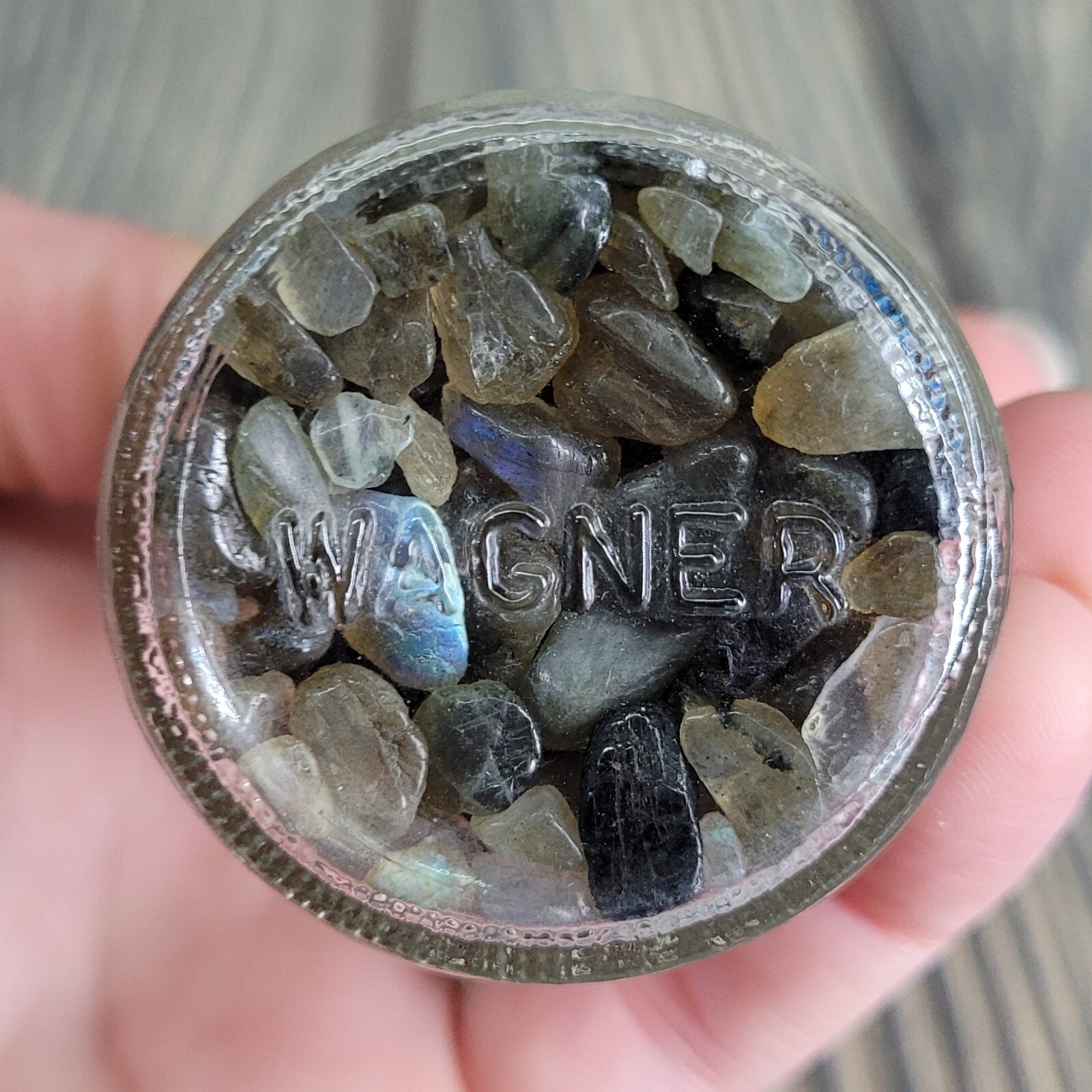 Labradorite 1/4lb Tumbled Crystal Chips in Vintage Apothecary Glass Jar Wagner