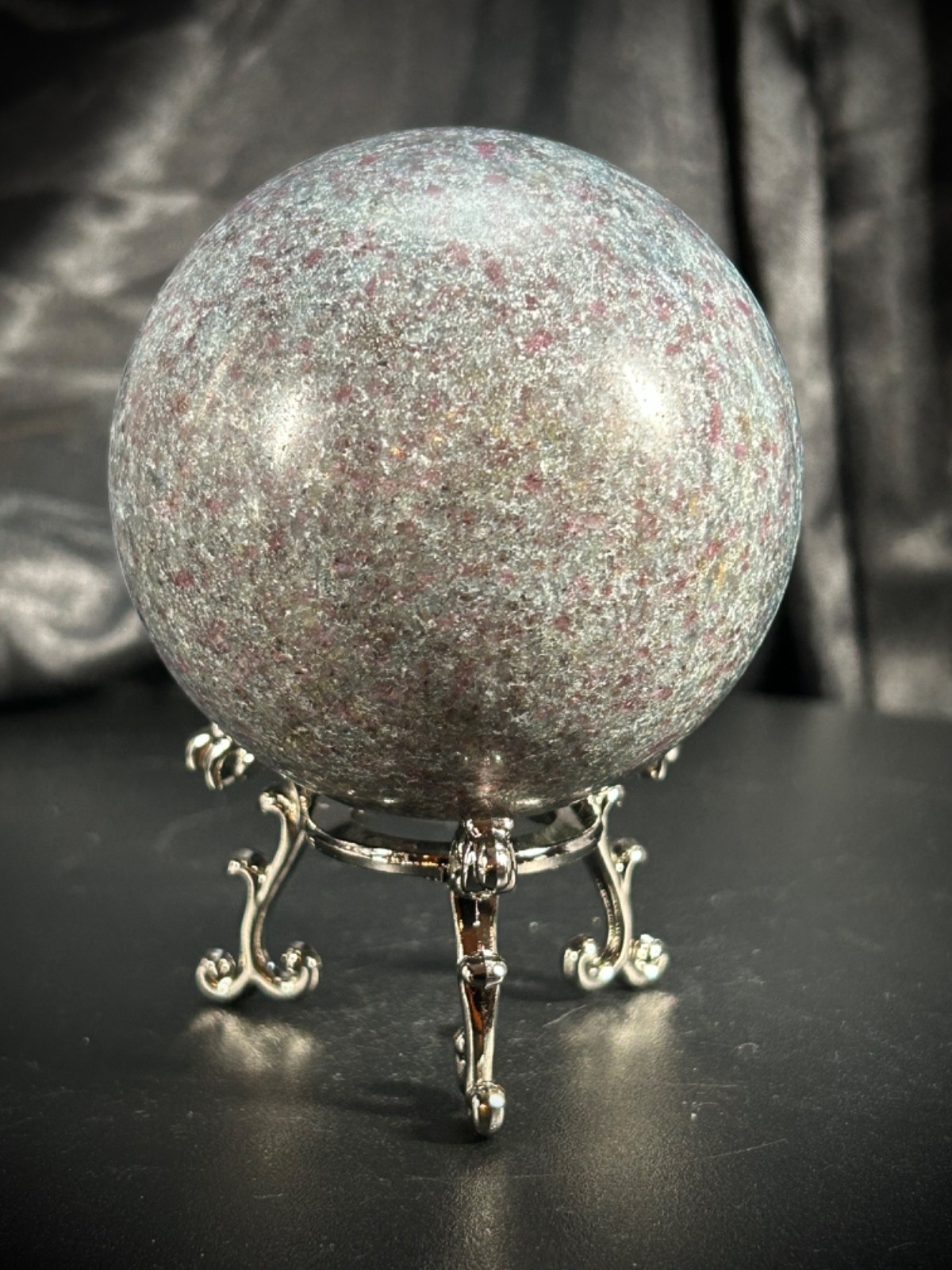 2.57″ Ruby Kyanite Sphere With Metal Stand 1lb 2.7oz (531 grams) UV Reactive