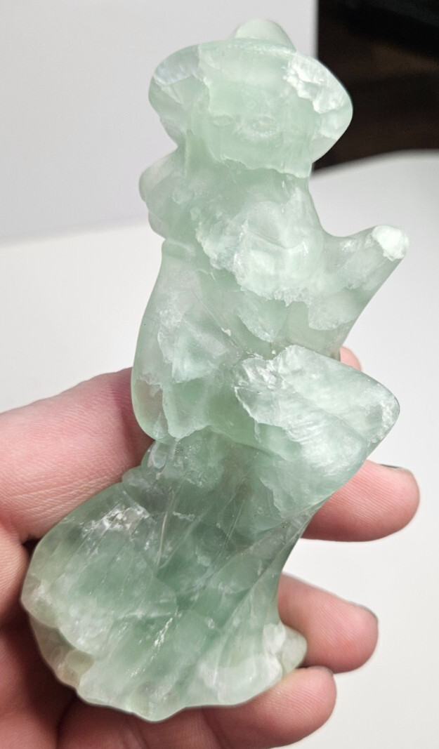 Green fluorite witch on a broom – 9.5cm/ 150g approx – absorbs negative energy