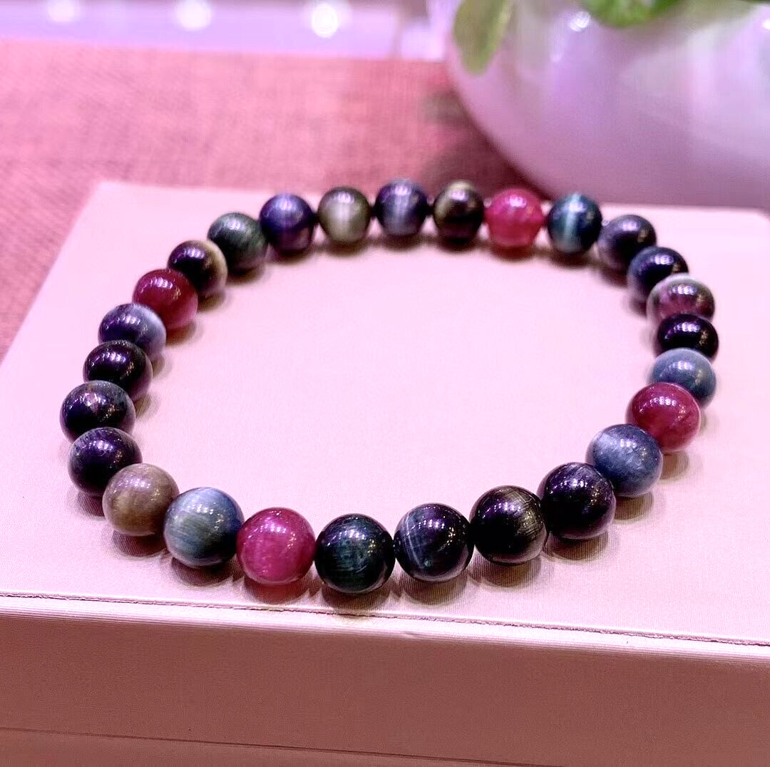 6.7mm Natural Color Tourmaline Cat’s Eye Quartz Crystal Beads Bracelet 12.3g