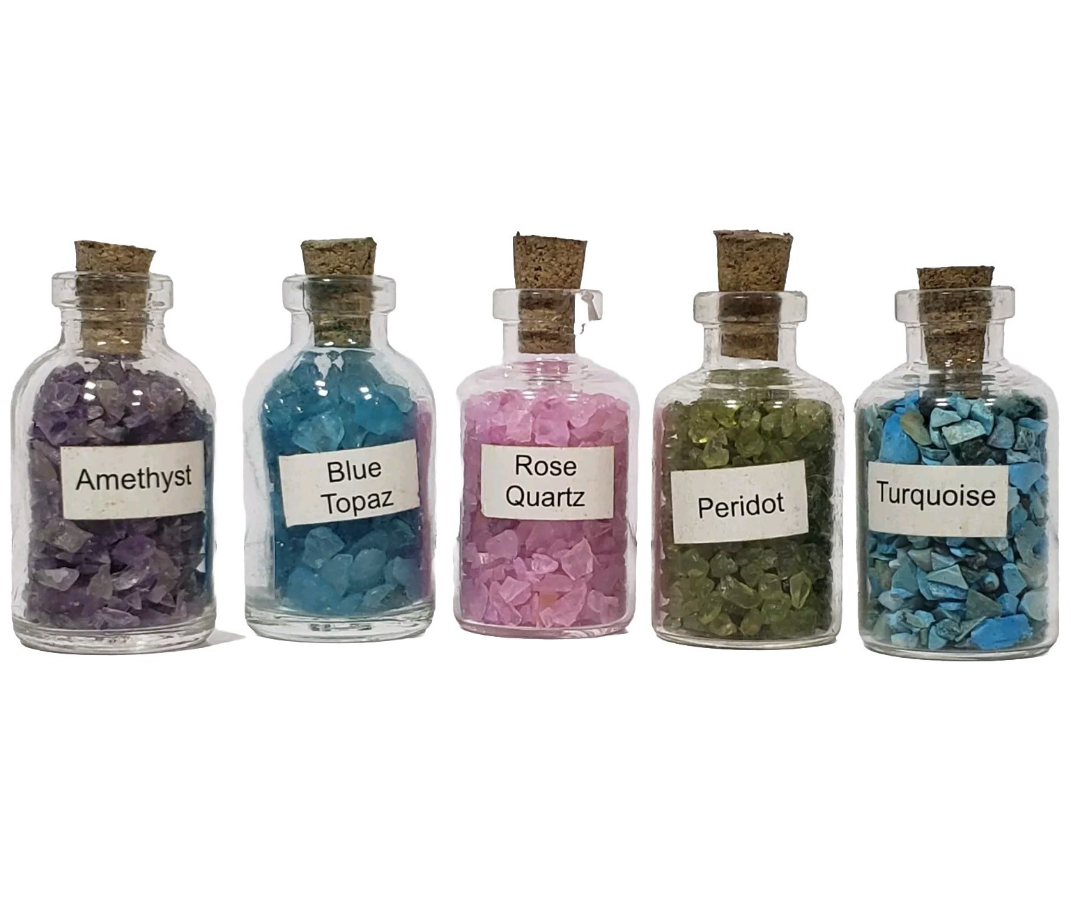 (Lot of 5) Quartz Crystal Chakra Set – Tumbled Mini Gemstones in Glass Bottles
