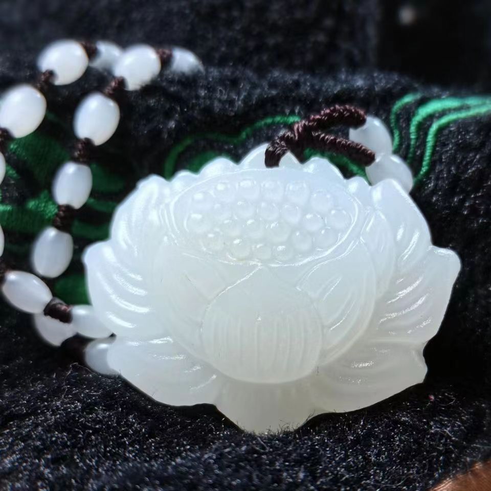 Womens White Jade Lotus Pendant Natural Gemstone Adjustable Chain Gift