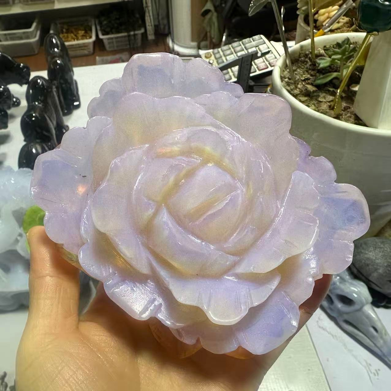 1pc Pink Opalite Stone Quartz Hand Carved Flower Reiki Healing Decor Gift