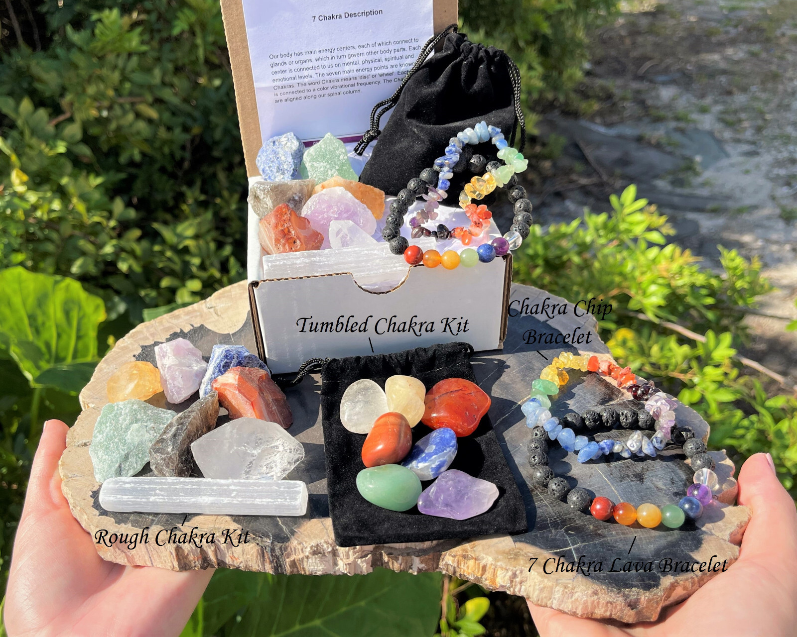 7 Chakra Crystal Box – Chakra Chip Bracleet, Lava Bracelet, Tumble & Rough Kits