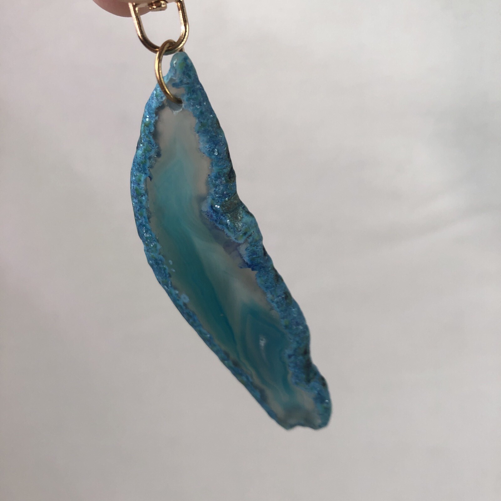 Gorgeous Blue Agate Slice Gemstone Keychain Rose Gold Lobster Claw Clip 3″