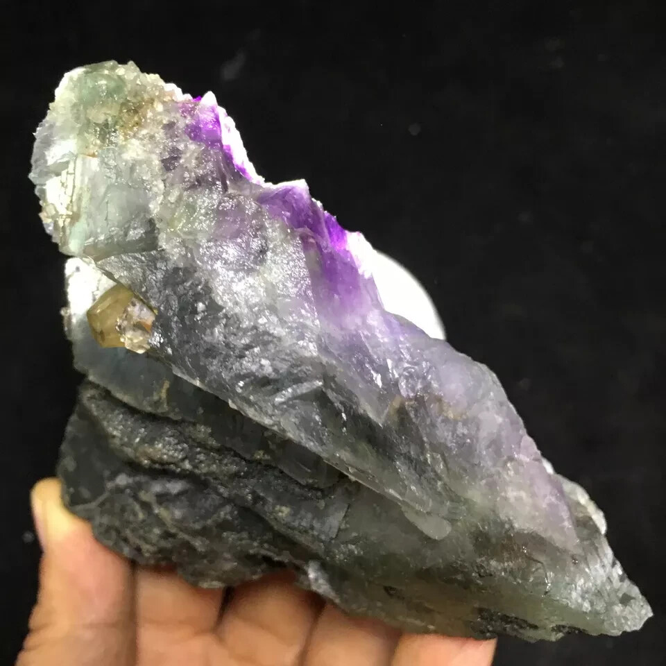 420g Natural purple-green translucent fluorite with yellow calcite symbiosis
