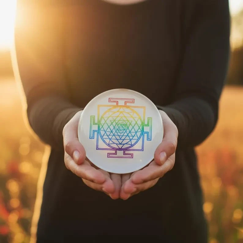 Rainbow Sri Yantra Resin Disc 2” | Sacred Geometry Plate | Chakra Alignment