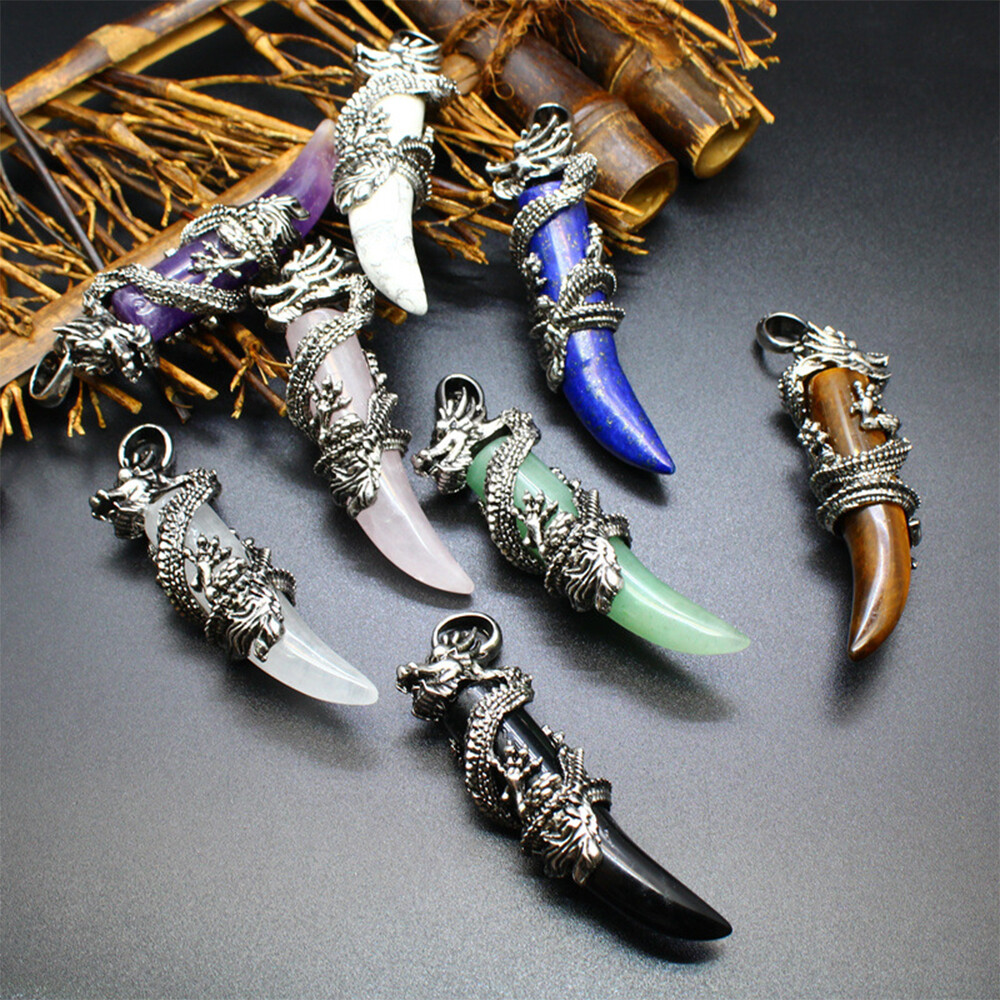 Natural Crystal Wolf Teeth Dragon Pendant Chakra Gems Magic Reiki Healing Amulet