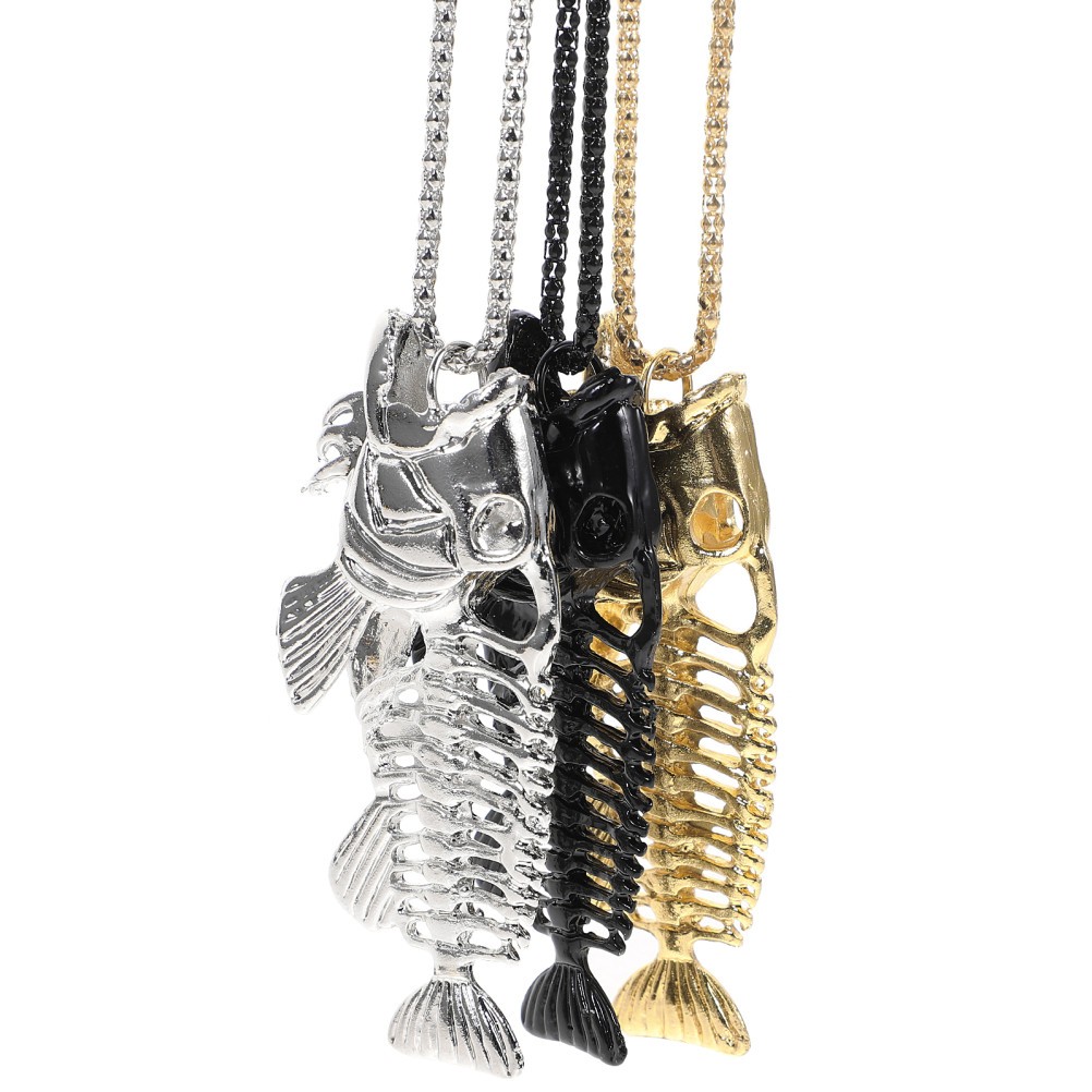 3Pcs Durable Alloy Fish Bone Necklace Fishing Hook Surfer Chain Assorted Colors