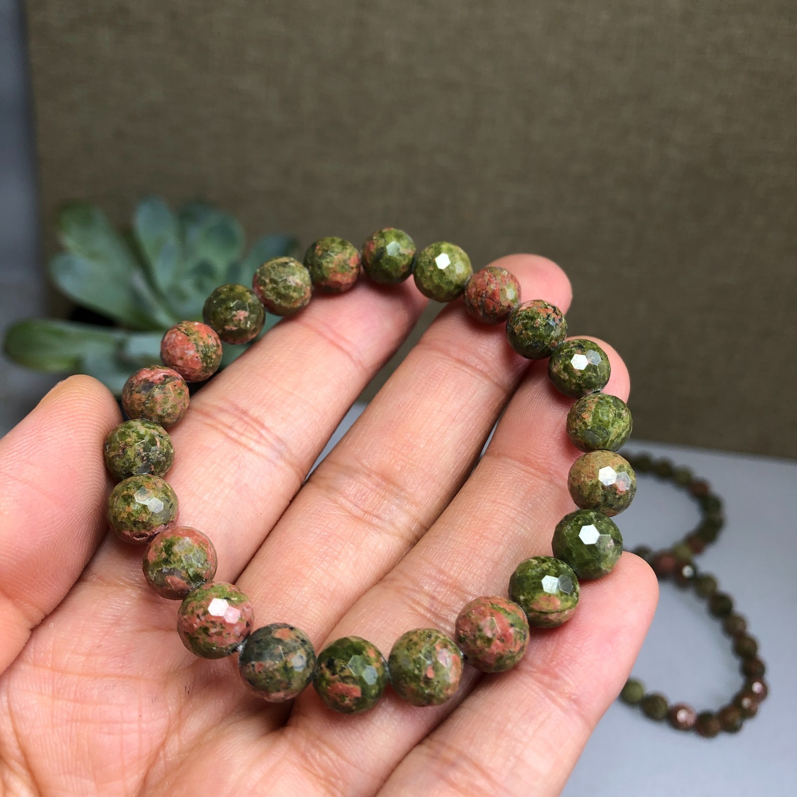 5PcsWholesal Natural Unakite Agate Stone bracelets Crystal ball sphere facet 8mm