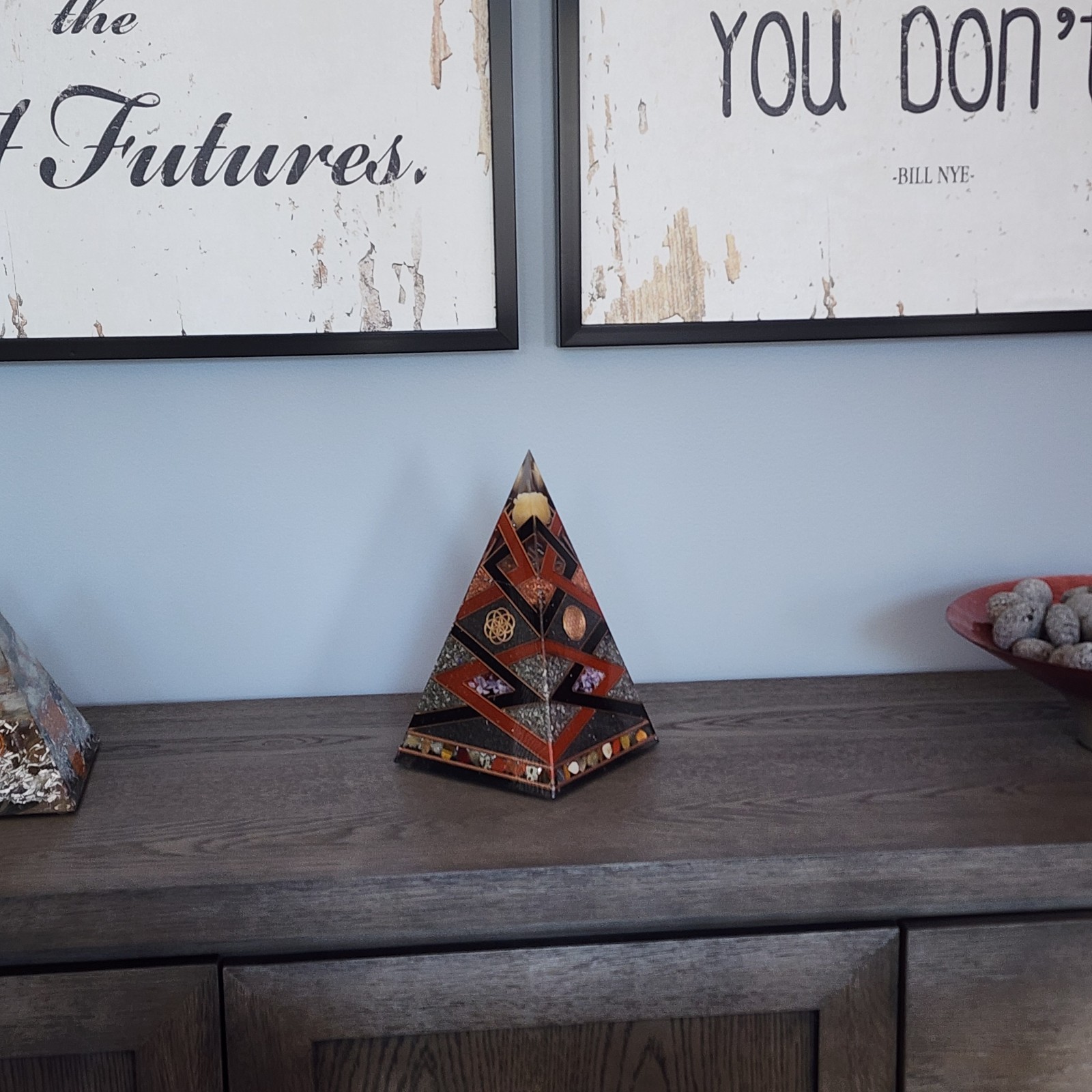 High-End Orgonite Pyramid with Yellow Calcite Rose, Copper Geometry, and Crystal