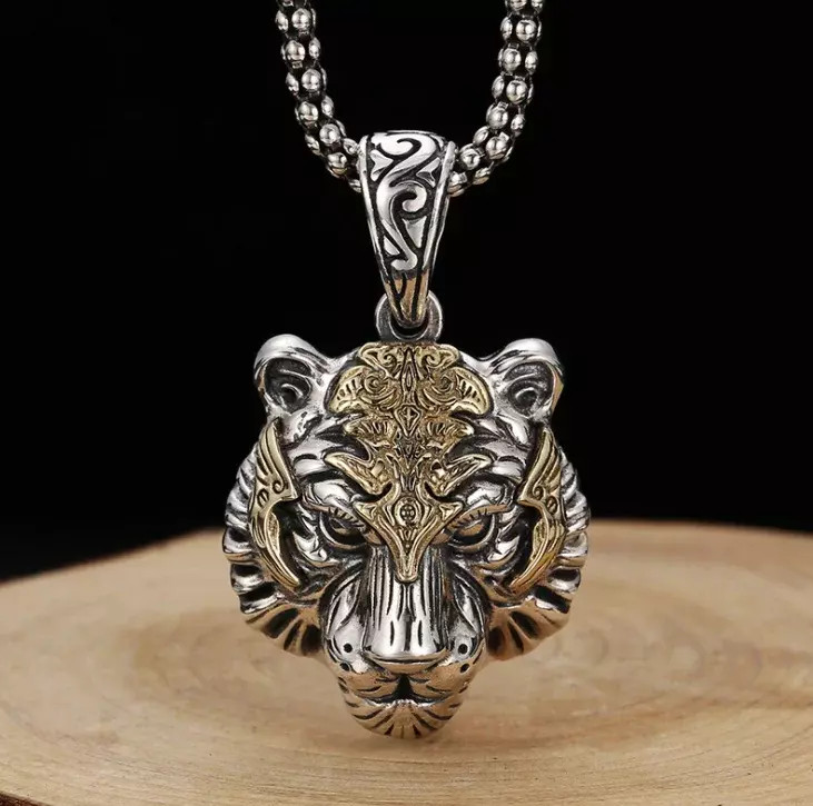 Men’s Fashion Jewelry Silver Tiger Head Pendant Necklace 1PC