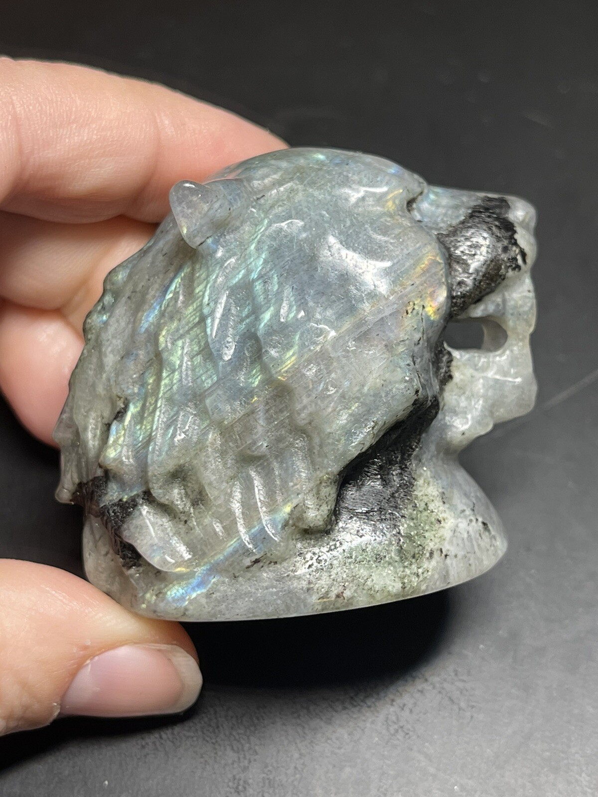 Labradorite Crystal Tiger Head Carving 1.87in x 1.61in x 2.24in, 128g