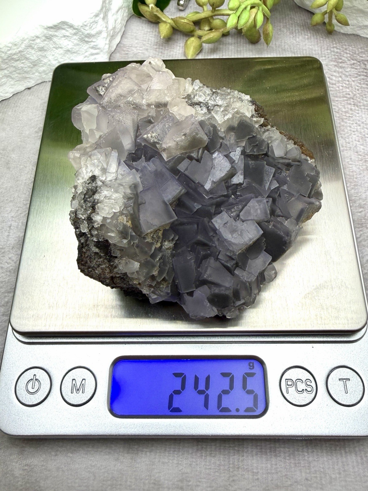 Crystal 242g QR Code Cube Grey Fluorite UV Reactive Cluster Specimen Mineral