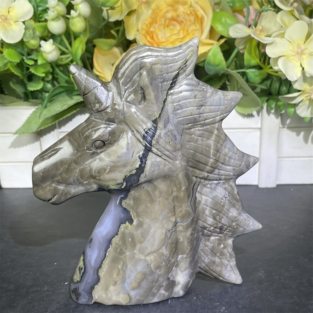 0.9LB 5.3″ Natural Fluorescent Agate Unicorn Crystal Quartz UV Reiki Carving