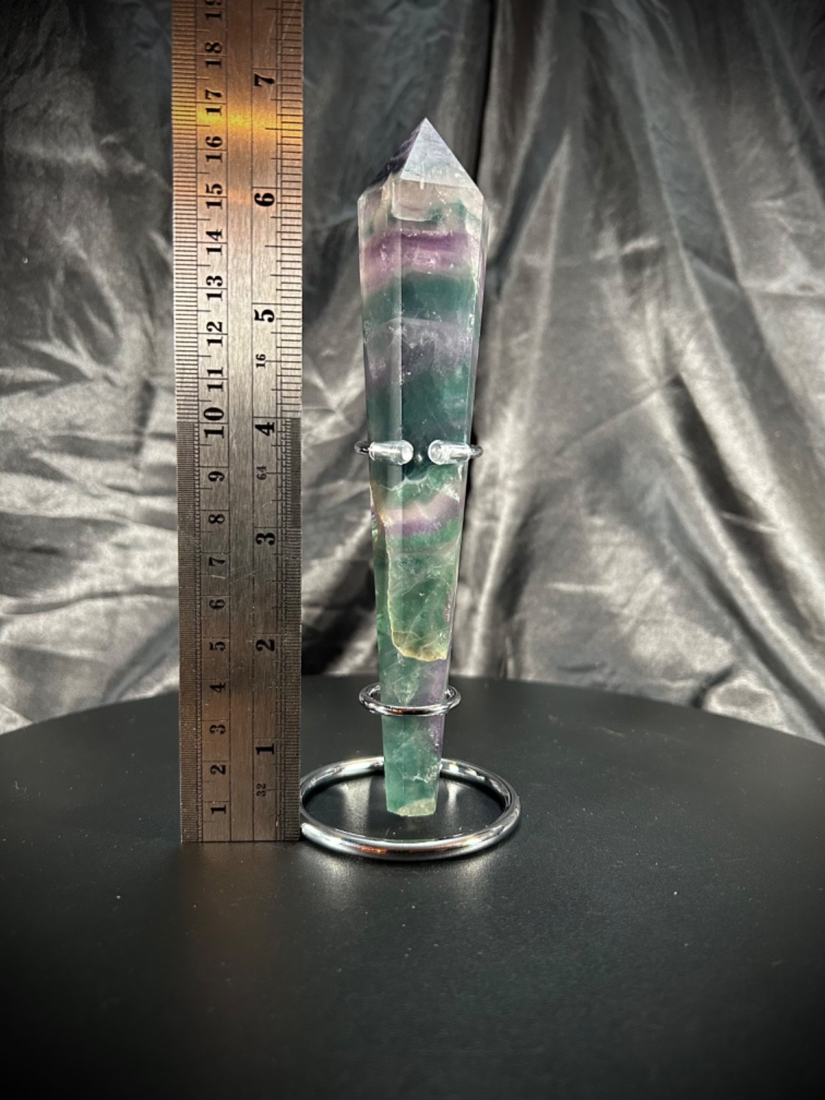 7″ Rainbow Fluorite Wand With Metal Stand 7.5oz (214 grams)