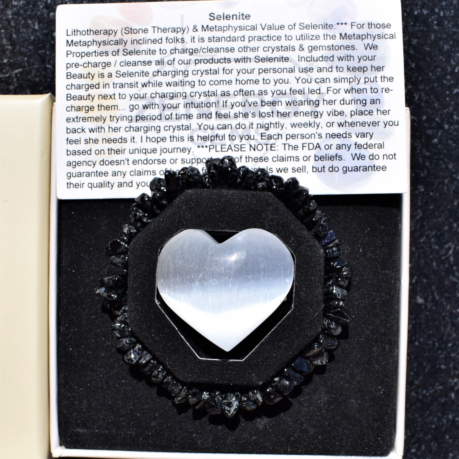 Premium CHARGED Black Spinel Crystal Chip Stretchy Bracelet + Selenite Heart