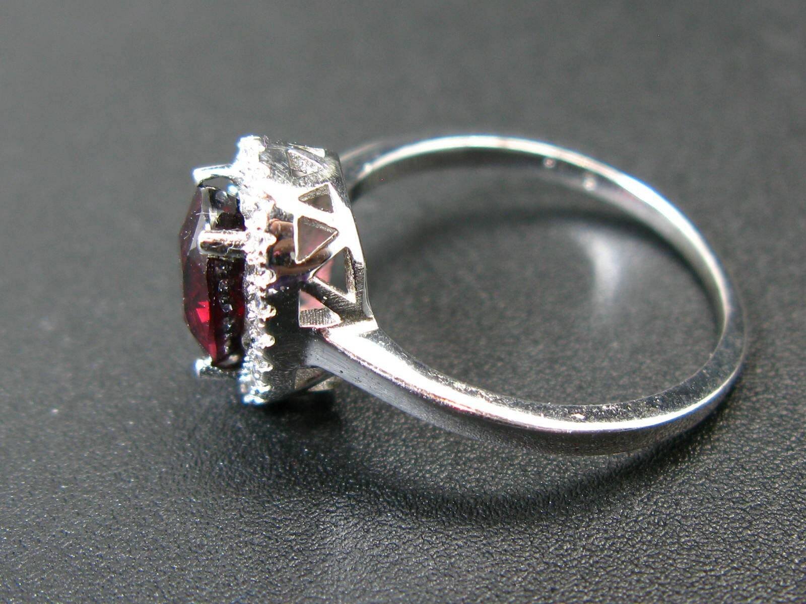 Red Garnet Rhodium Plated Sterling Silver Ring with CZ – Size 6.5