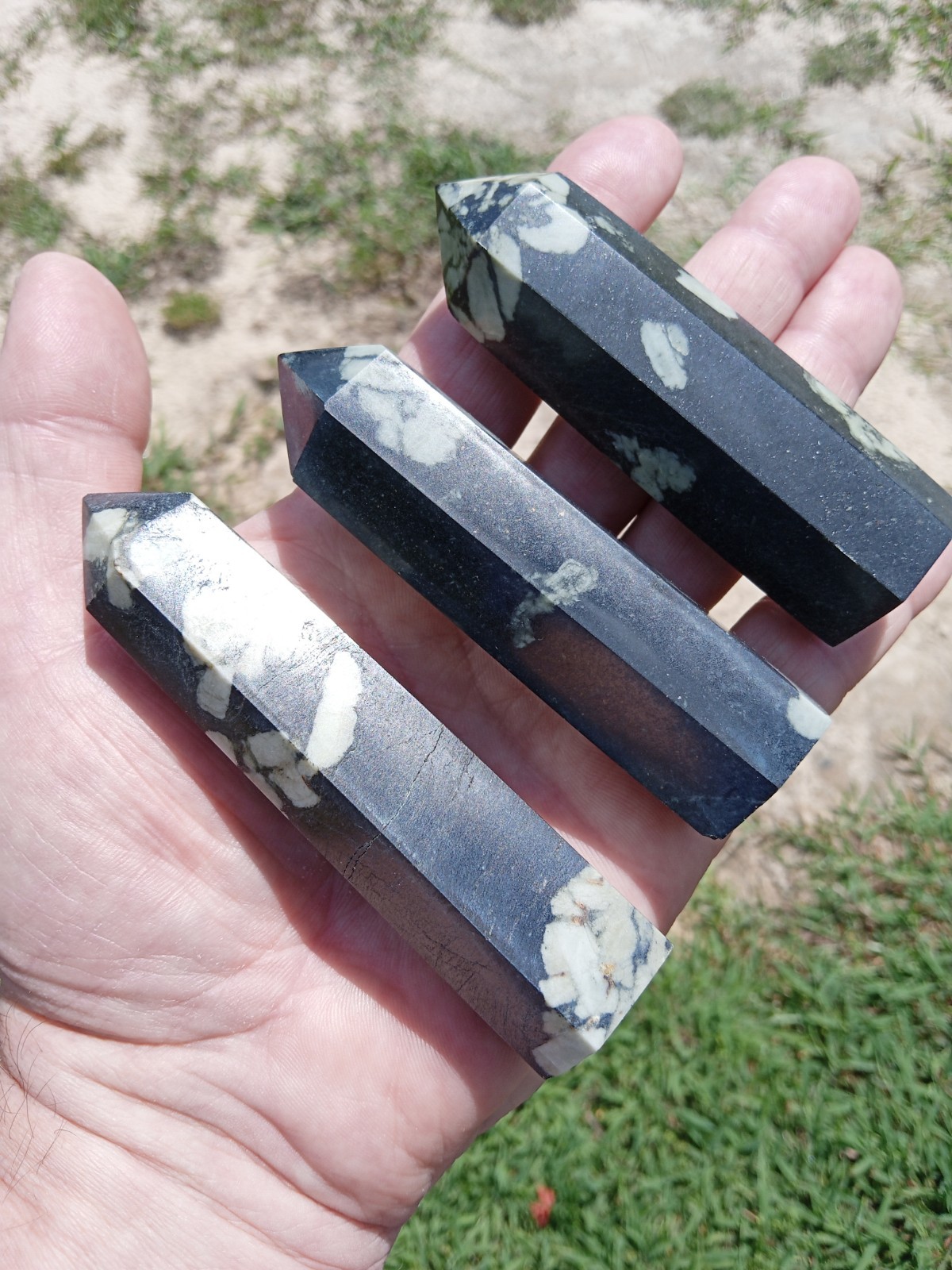 3 Stunning Patterned Chrysanthemum Stones Obelisk Crystal Wand Tower Points. Y2