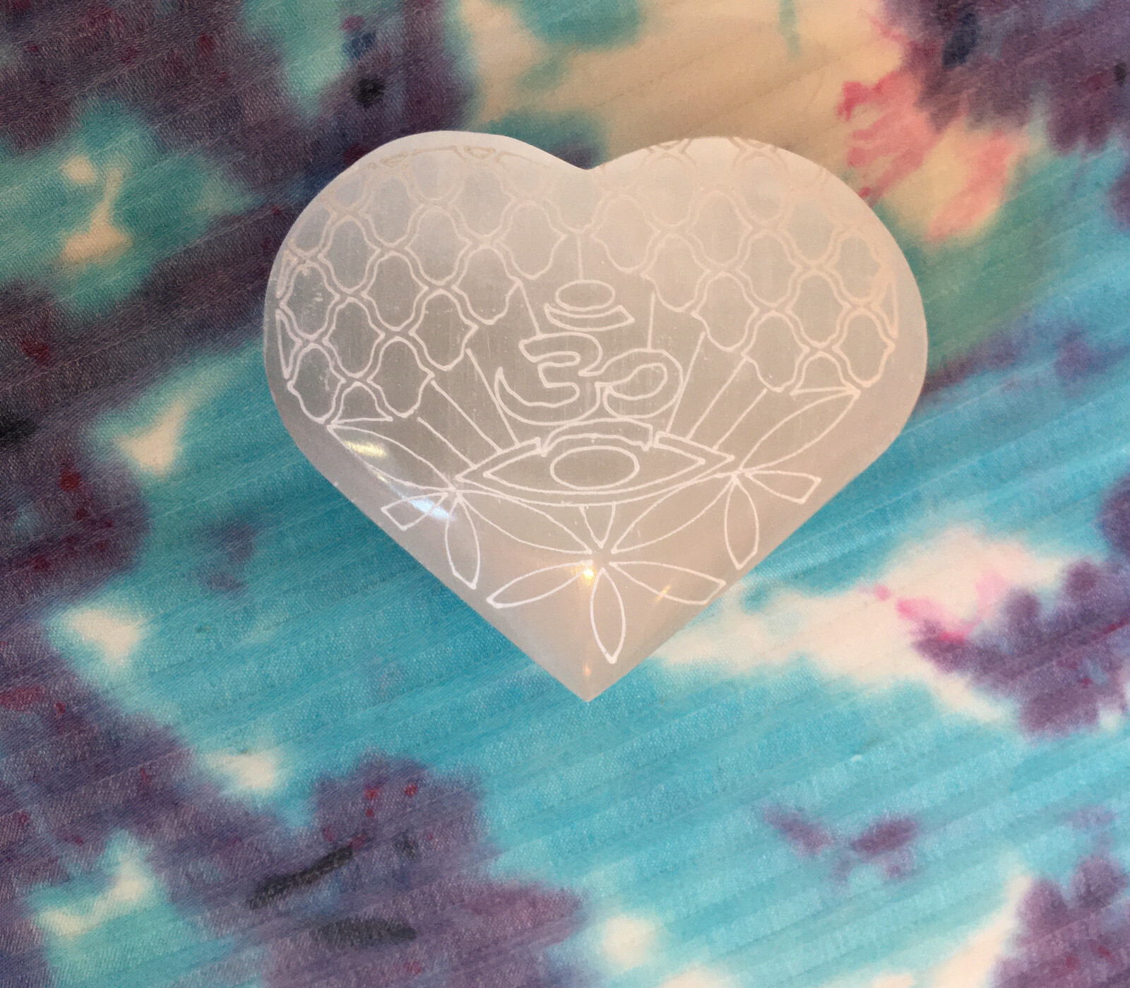 Polished Selenite Heart Crystal Engraved Om Mandala Lotus Carved Gemstone Love