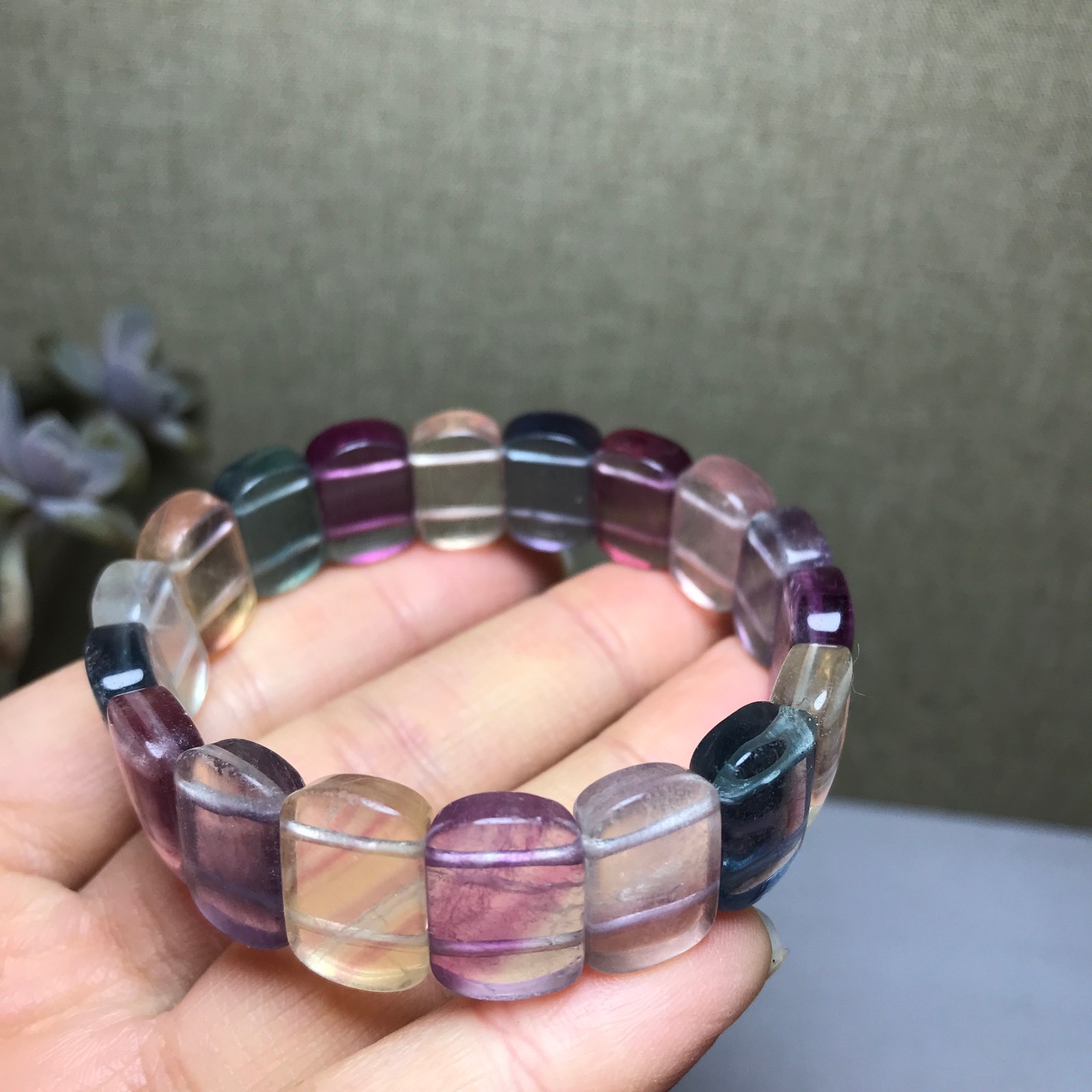 Rare Natural fluorite slice quartz Crystal Hand cut polish bracelet 40g A3016