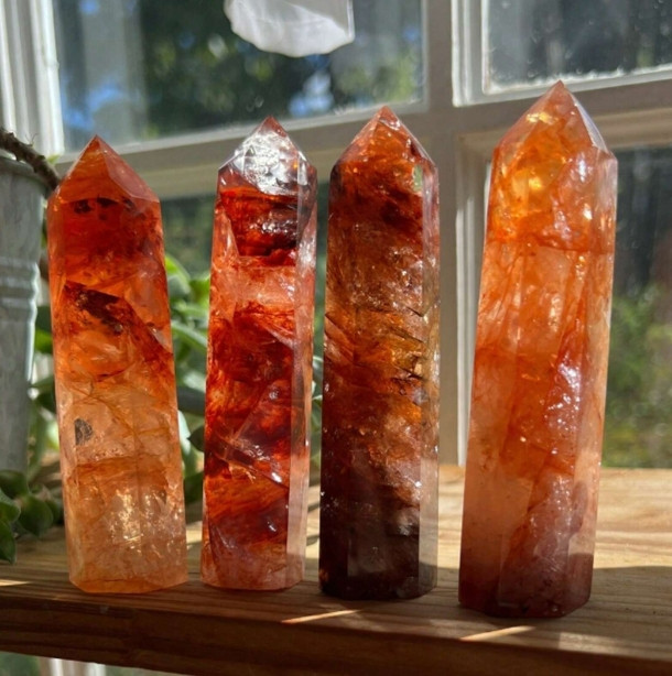Red Hematoid Fire Quartz Healing Crystal Tower Point Obelisk Home Decor Gifts