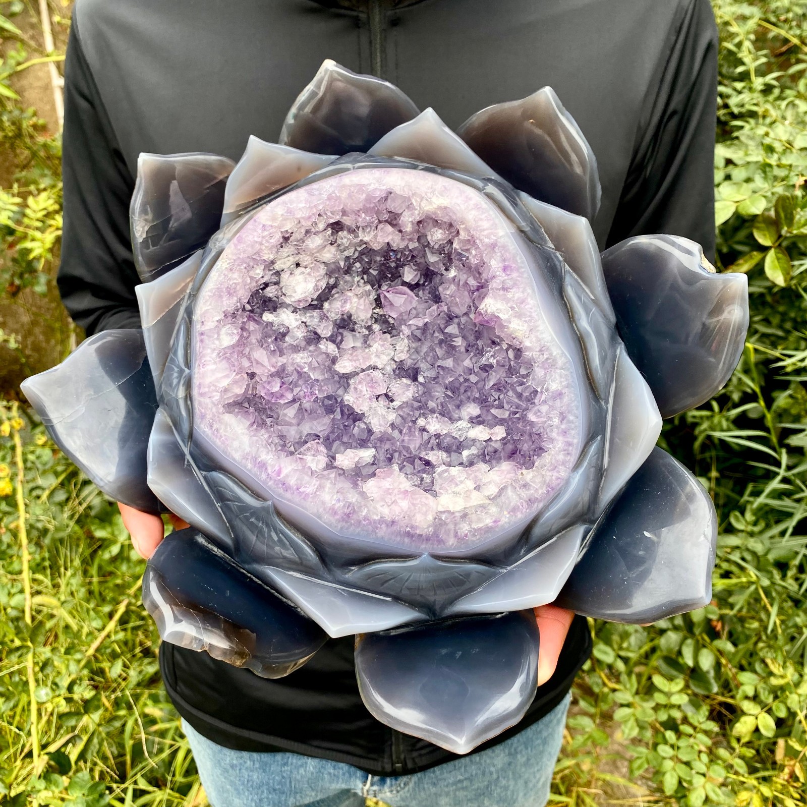 19LB Drunken agate lotus hand carved meditation crystal display decoration