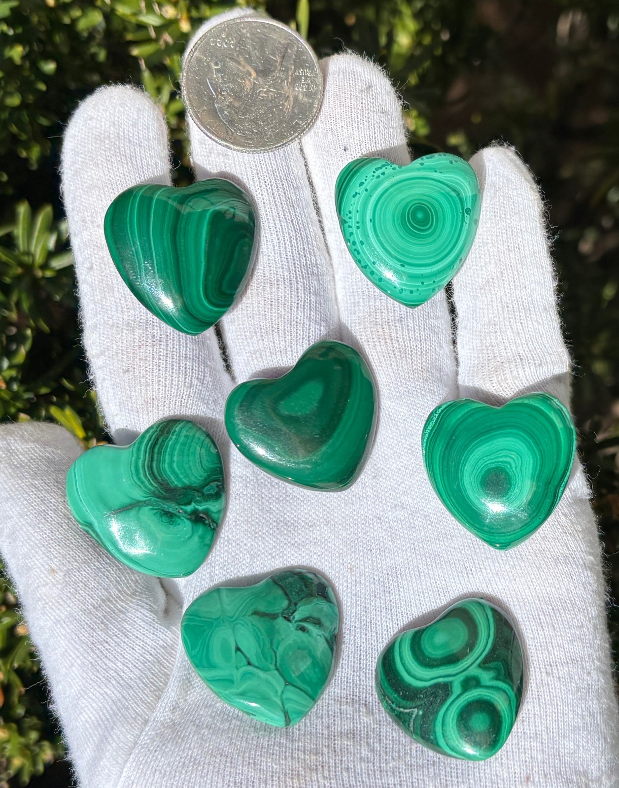 USA SALE 67g LOT 7 MALACHITE POLISHED SMALL HEARTS HEART POCKET PALMSTONE PALM