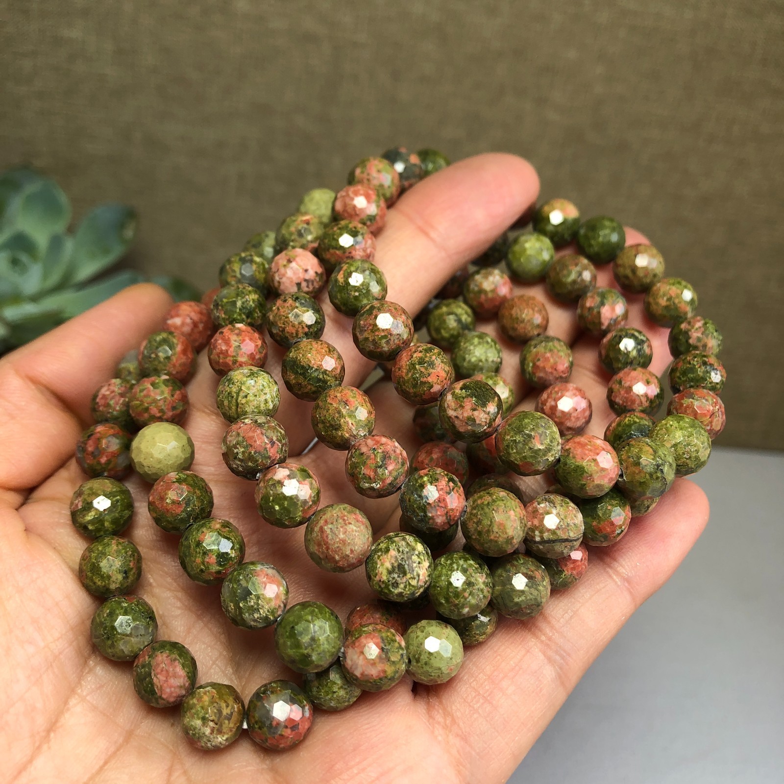 5PcsWholesal Natural Unakite Agate Stone bracelets Crystal ball sphere facet 8mm
