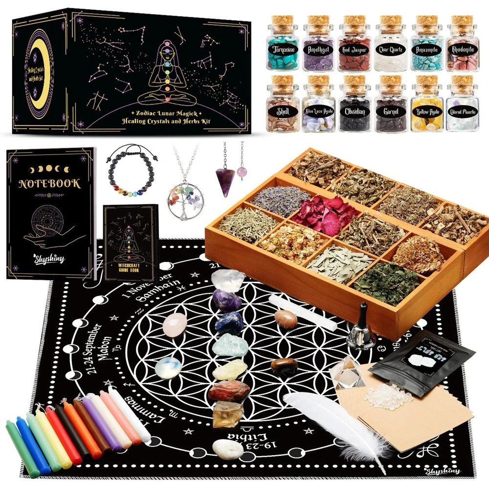 80pc Witchcraft Supplies Kit – Wiccan Starter Set w/ Crystals, Herbs, Spell Cand