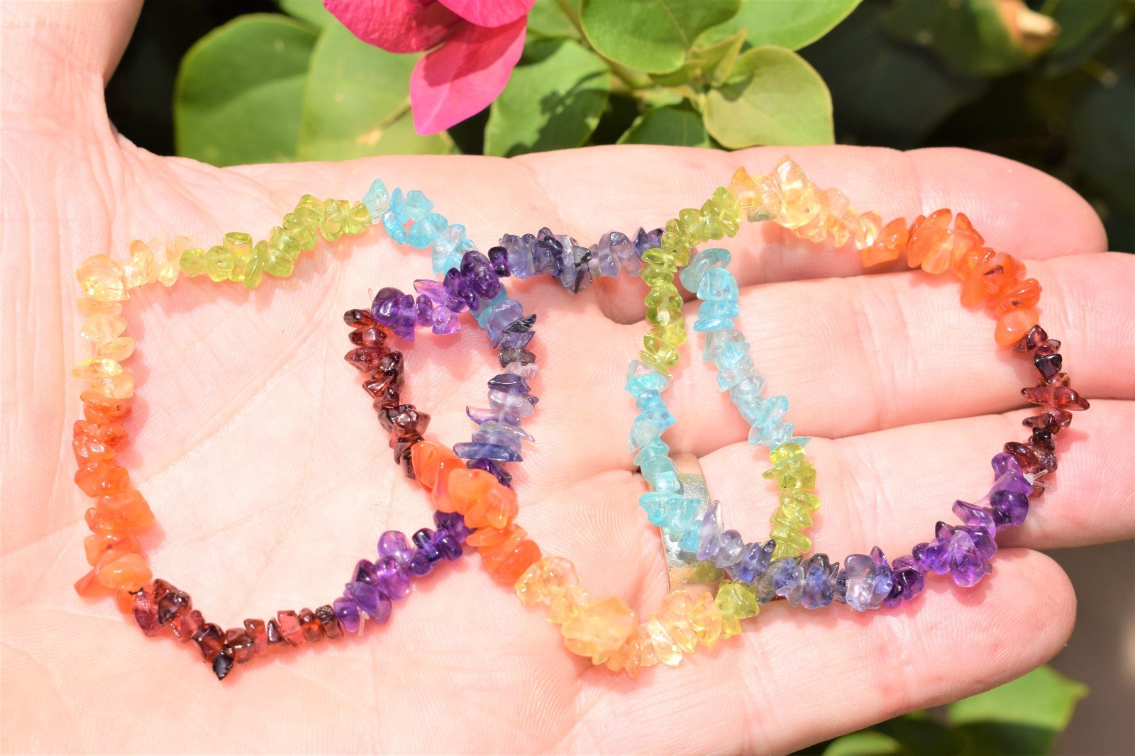 [1] CHARGED 7 Chakra Crystal Chip Stretchy Bracelet + Baby Selenite Puffy Heart