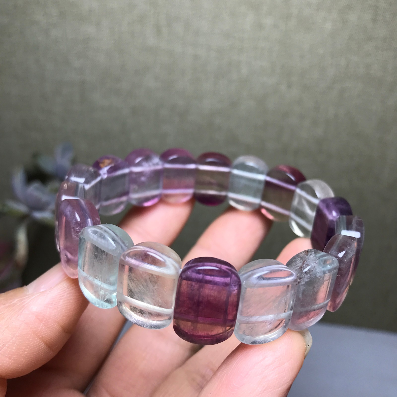 Rare Natural fluorite slice quartz Crystal Hand cut polish bracelet 47g A3017