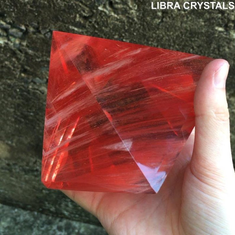 Cherry Quartz Style Glass Crystal Pyramid Red Translucent Geometric Metaphysical
