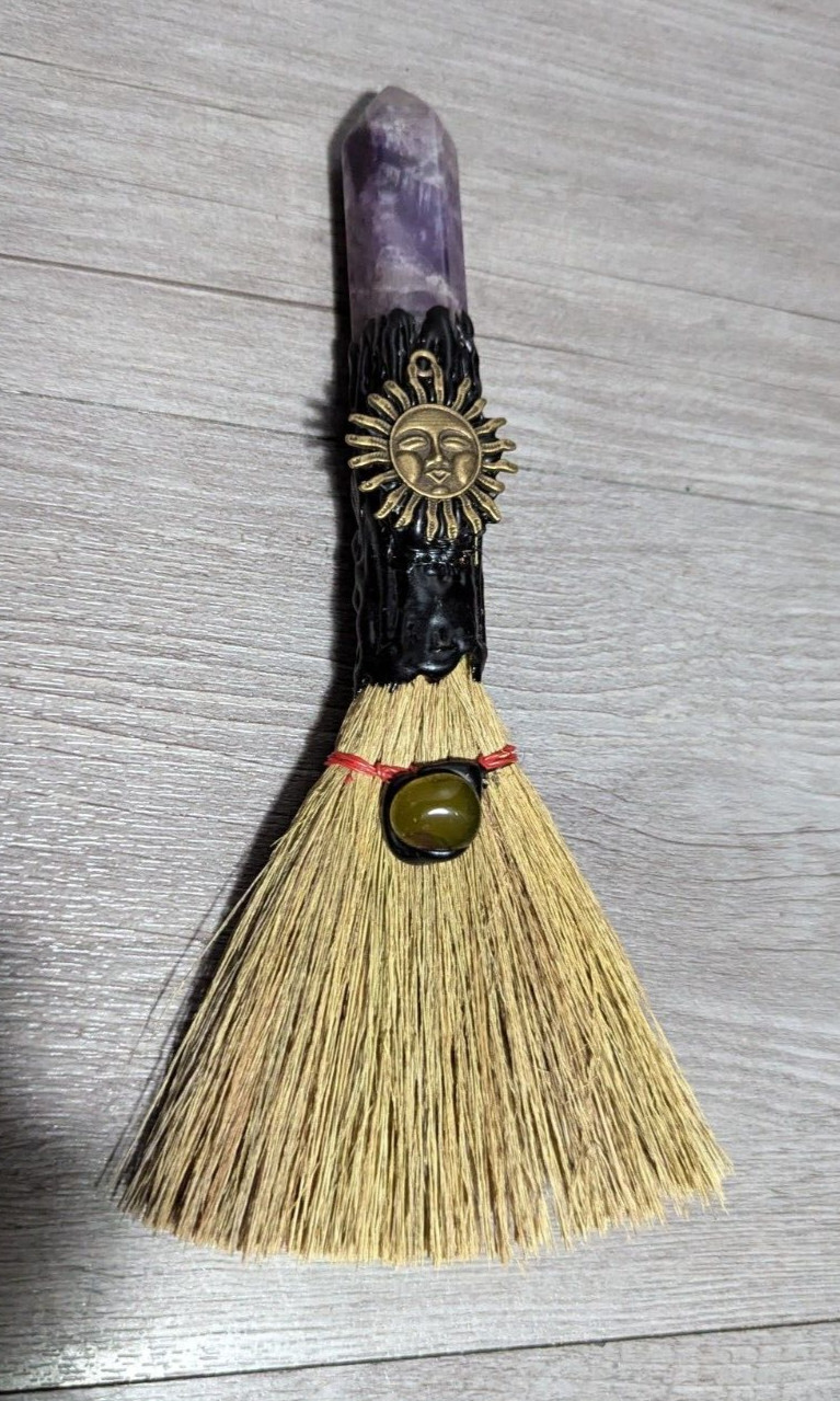 8″ Magic Broom Crystal Wand Witch Broom Reiki Sweeping Healing Figurine Decor 1