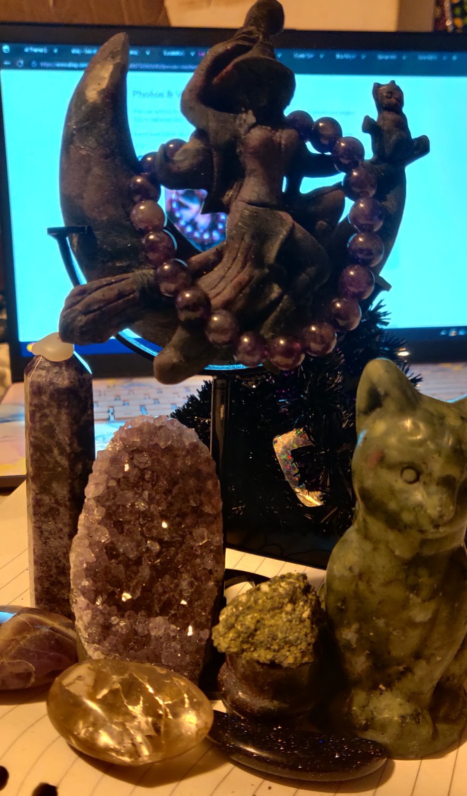 Halloween Crystal Bundle, Beautiful Garnet Witch with Broom On Moon Set