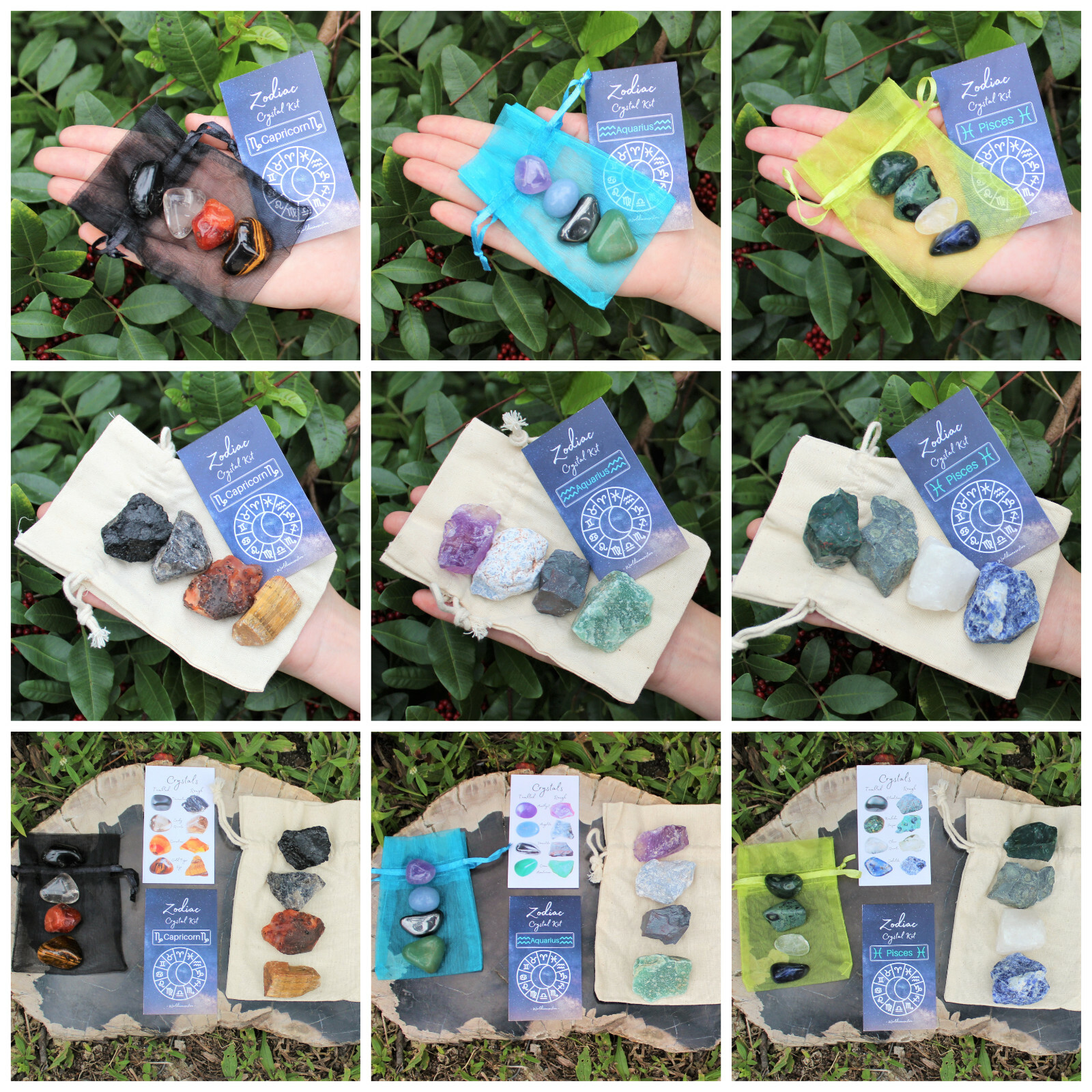 Zodiac Crystal Kit, 4 Stones+Pouch: Choose Rough or Tumble Set – or Both!