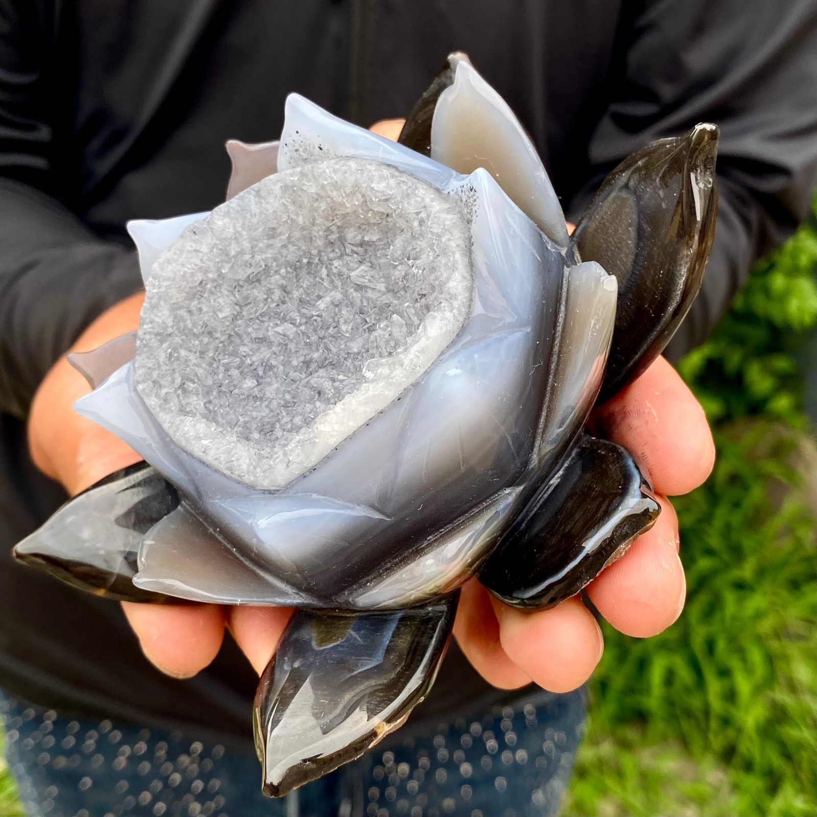 485G Natural Agate Geode Carved Lotus Flower, Hand Carved Healing Crystal Home