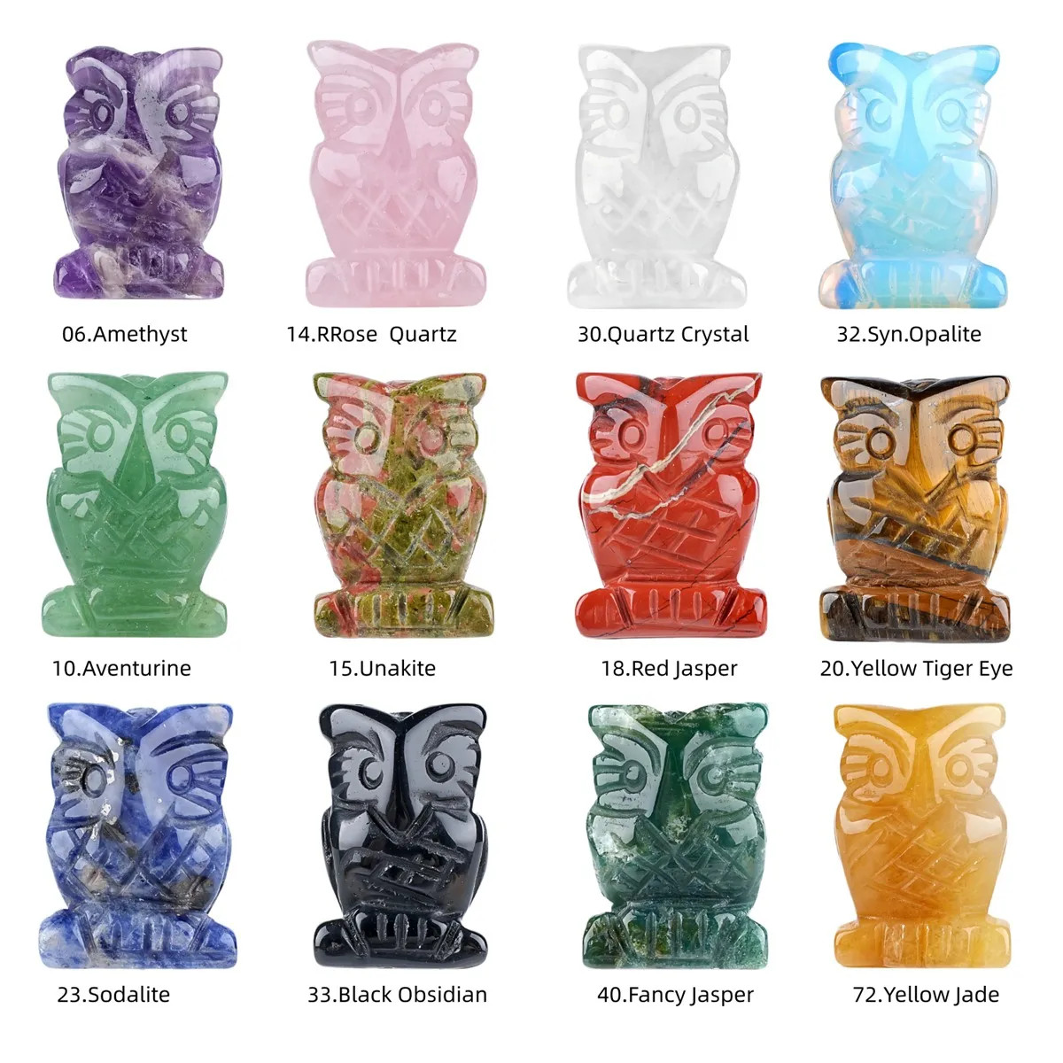12 Styles Natural Gemstone Owl Carving Mini Crystal Animal Statue Wholesale Bulk