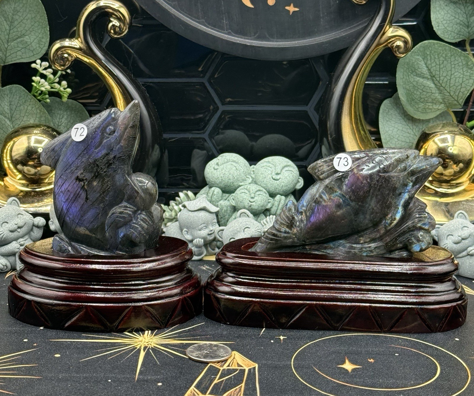 Natural Labradorite harbor porpoise Carving w/ custom stand Rainbow/Purple Fash