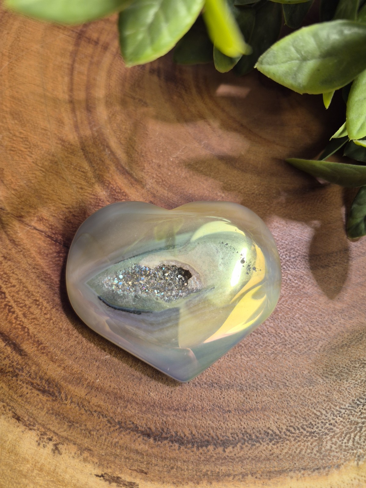Rainbow Aura Agate Druzy Heart Carving