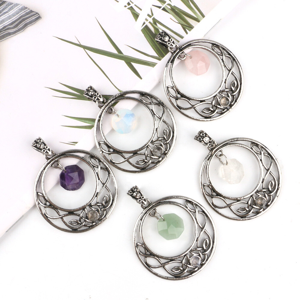 Natural Faceted Crystal Hexagonal Pendant Round Hollow Celtic Knot Beads Chakra