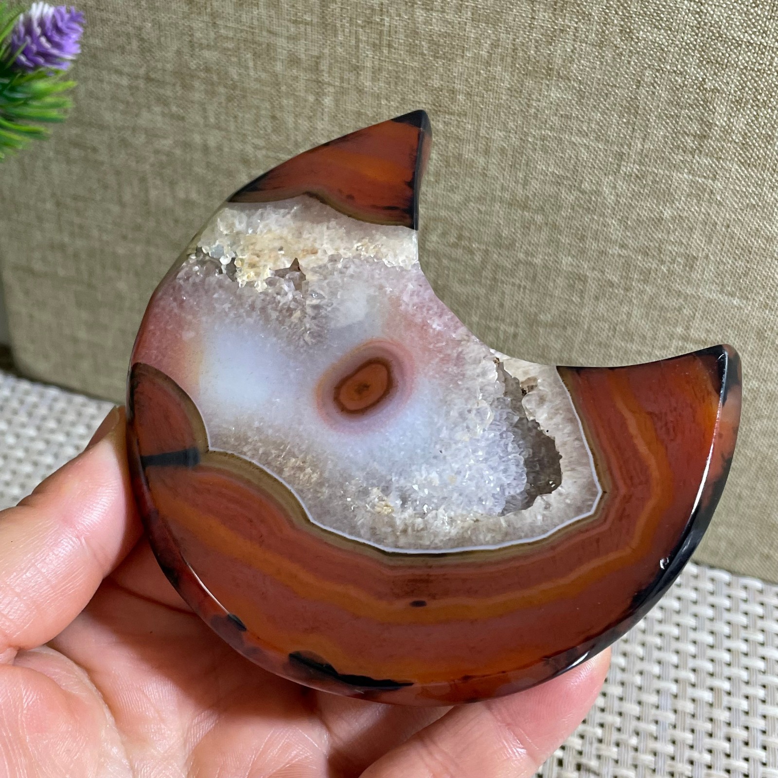 161g Natural striped agate crystal moon shaped quartz healing