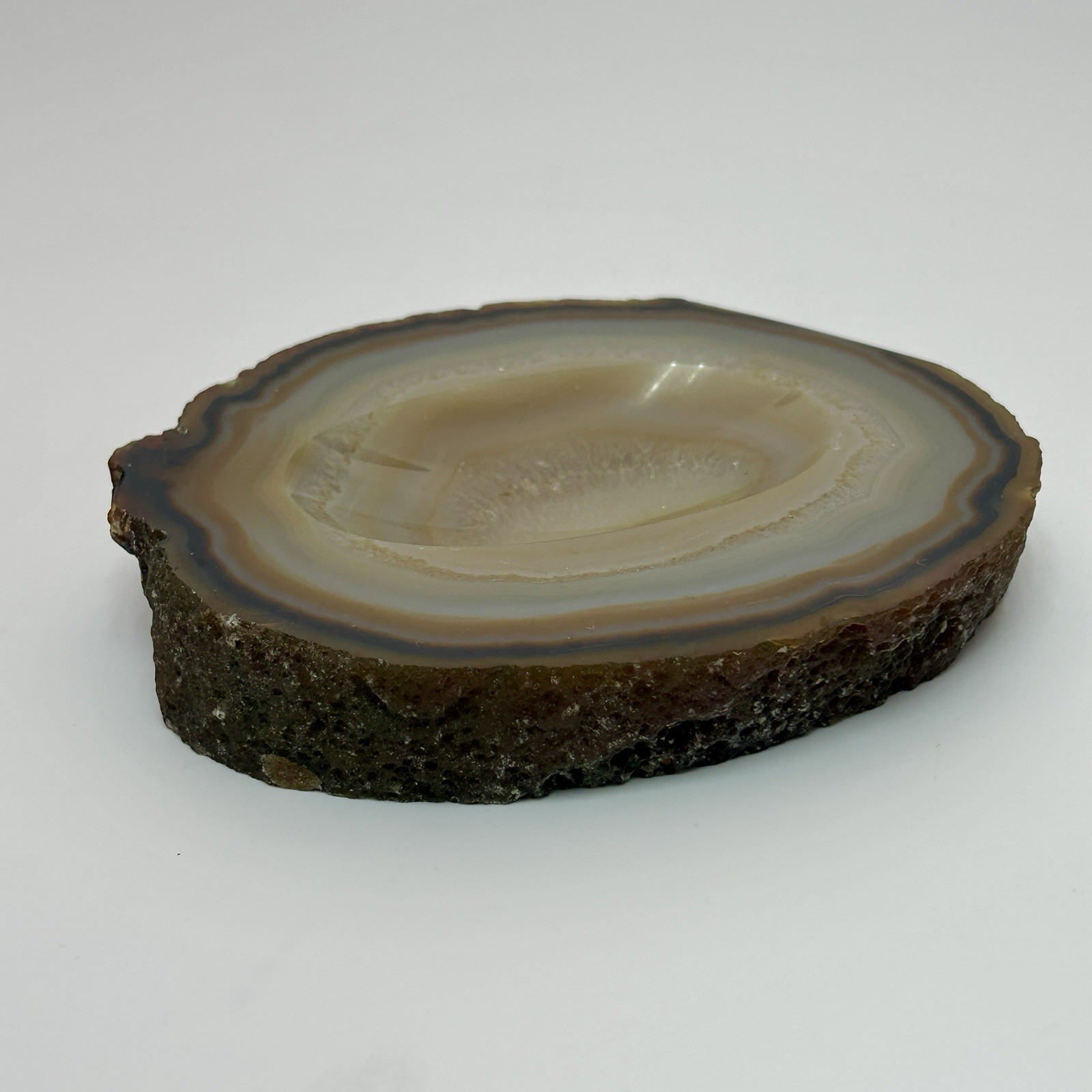 Polished Agate Geode Slice Ashtray Trinket Dish Brown Cream 1970s VTG