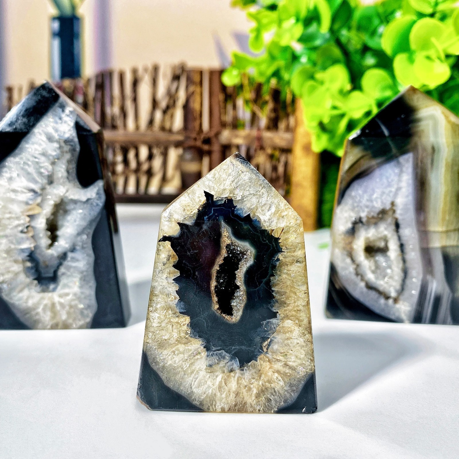 Black Sardonyx Geode Agate Crystal Point Natural Home Decor Holiday Birthday Gif