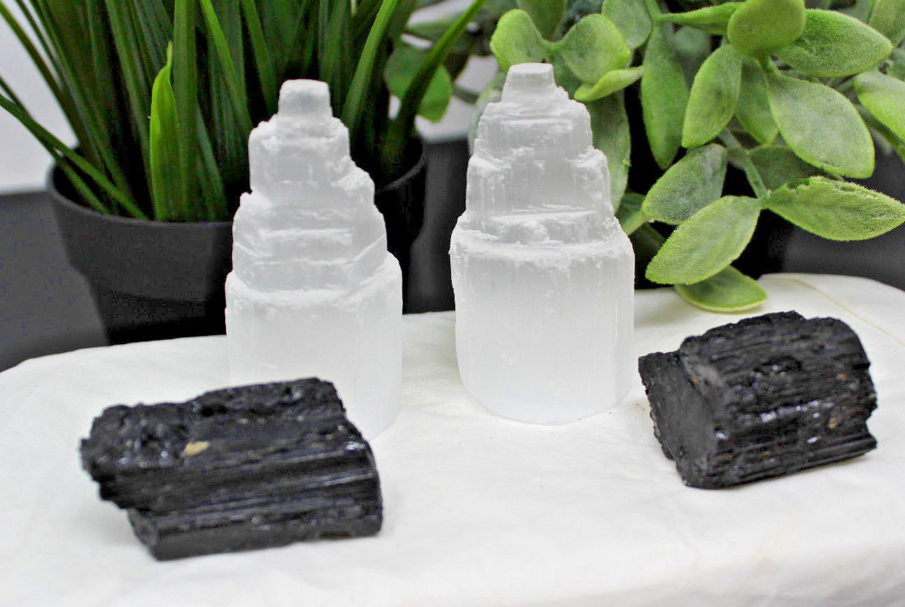 2 Selenite Towers & 2 Extra Grade Black Tourmaline Logs: Home Protection Kit